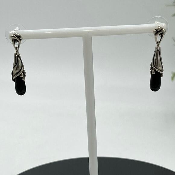 White Gold Posts black dangle earrings Silver tone caps - Picture 1 of 14